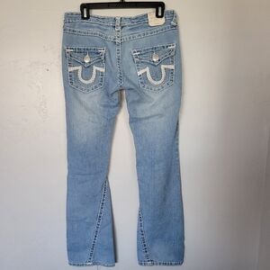 True Religion Jeans Women's 31 Light Wash Denim White Stitching Flap Pocket Joey